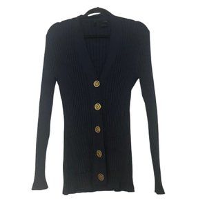 Etoile Women's Navy Blue Ribbed Long Sleeve Gold Button Ribbed Sweater Size L